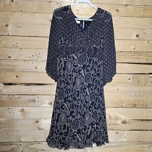 Ghost Silk Dress 12 Women's Navy Blue Whimsigoth Beaded Patchwork Flowy